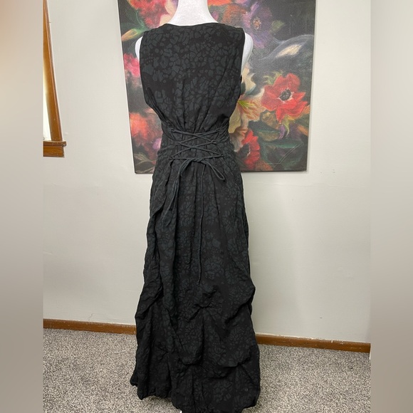Vintage 1890s 1900s Black Goth Grunge Lace Up Corset Maxi Maid Textured Dress M - Picture 5 of 12